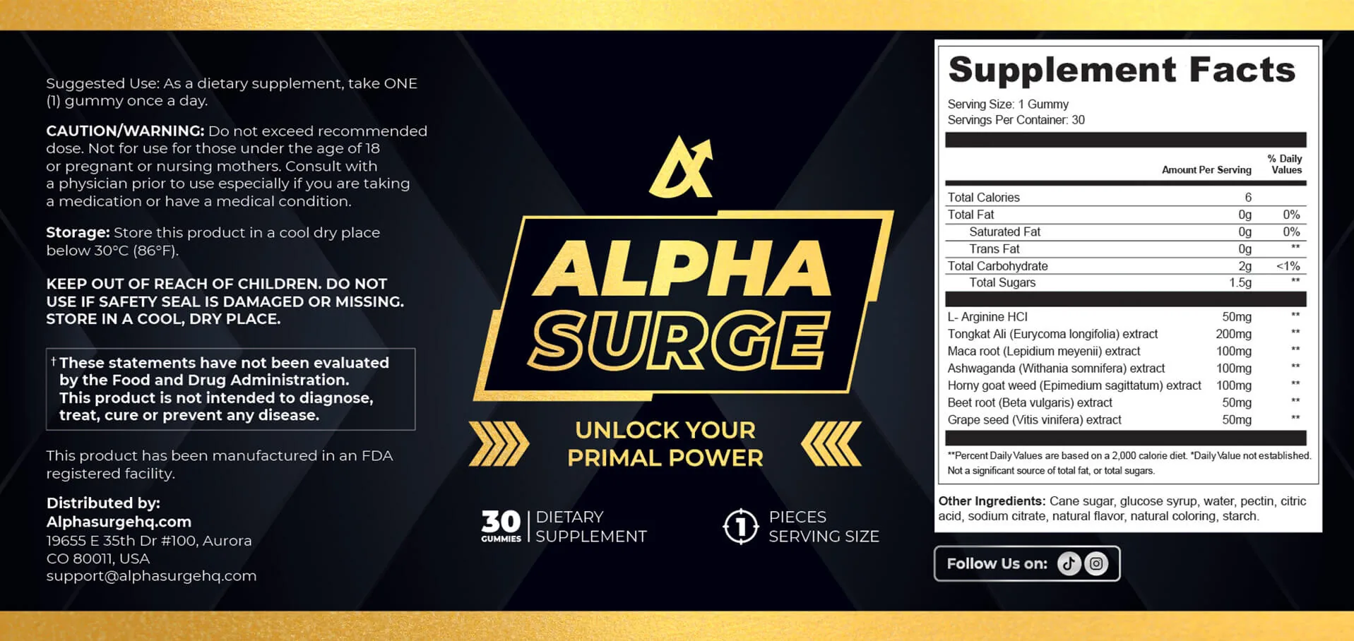 Étiquette d'Alpha Surge avec le tableau Supplement Facts : doses des sept ingrédients, conseils d'utilisation et précautions