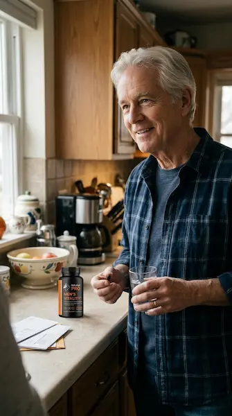 Homme souriant dans sa cuisine, une gélule d'AlphaFuel Pro et un verre d'eau à la main, le flacon posé sur le plan de travail