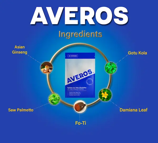 Ingrédients d'Averos : ginseng asiatique, gotu kola, damiana, fo-ti et palmier nain