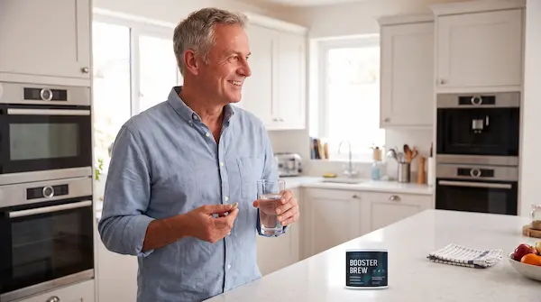 Homme souriant dans sa cuisine avec un verre d'eau et un pot de Booster Brew