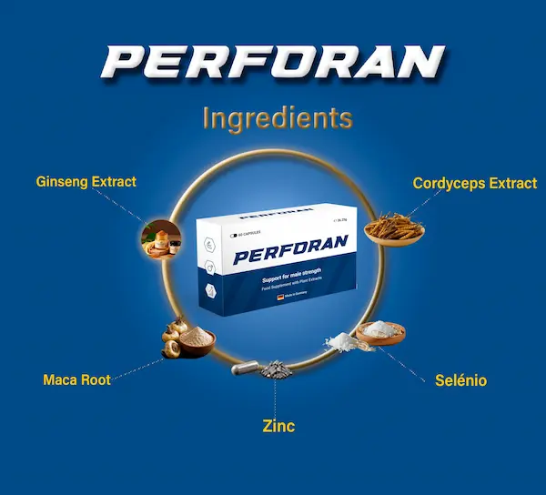 Ingrédients de Perforan : extrait de ginseng, extrait de cordyceps, racine de maca, zinc et sélénium