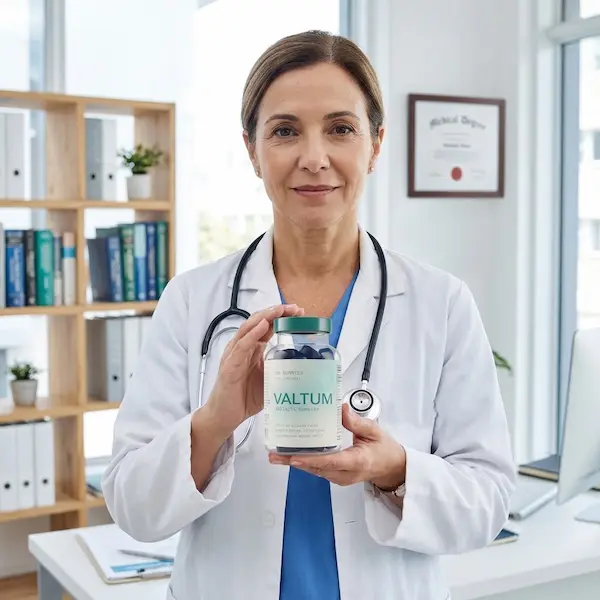Une femme médecin tenant un flacon de Valtum