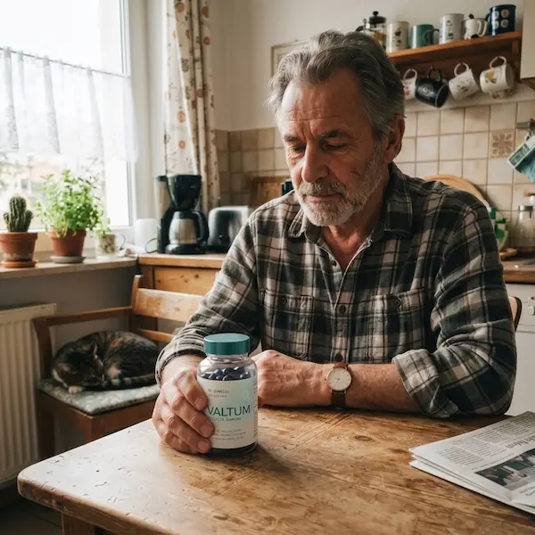 Un homme de 65 ans assis dans sa cuisine chaleureuse tenant un flacon de supplément Valtum. Il regarde pensivement le produit pendant qu'un chat dort sur une chaise en arrière-plan et qu'un journal repose sur la table. La lumière naturelle brille par la fenêtre.