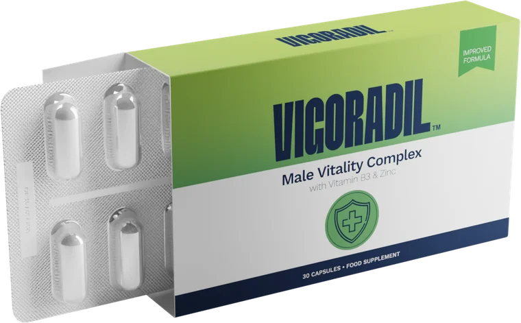 Boîte de Vigoradil Male Vitality Complex avec sa plaquette de gélules