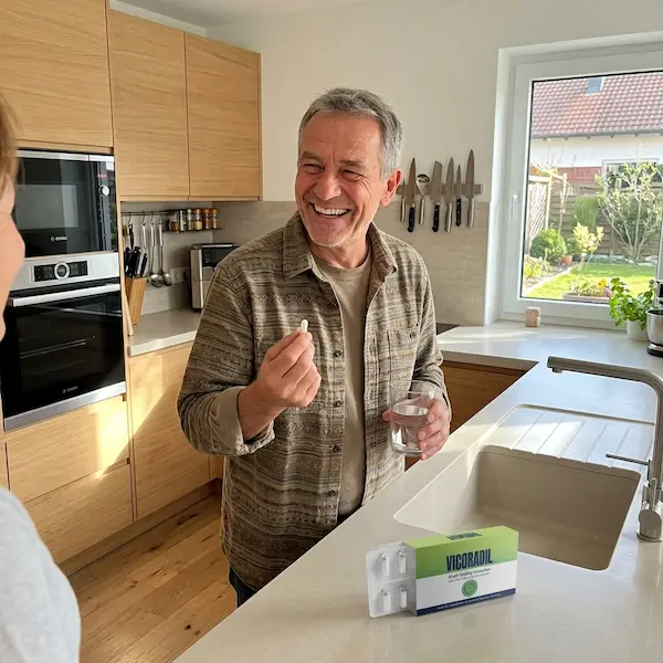 Un homme souriant dans sa cuisine tient une gélule de Vigoradil